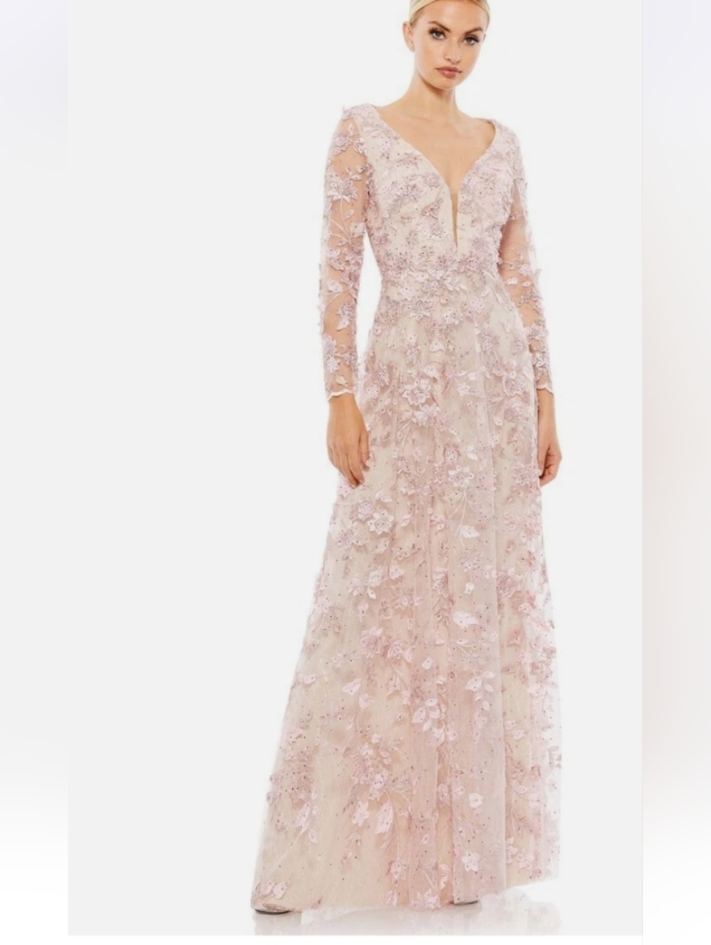 Mac Duggal Pale Blush Pink Embroidered Long Sleeve Gown